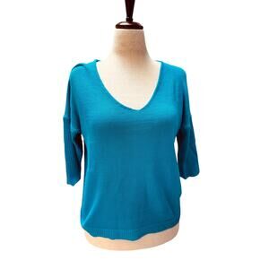 Bright Blue Textured Knit V-Neck Sweater | Drop Shoulder | Size S